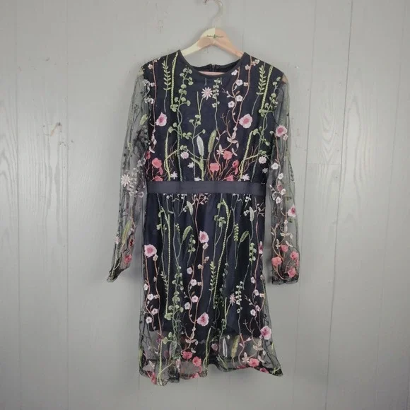 Fairy Grunge Black Mesh Dress S/M Embroidered Flowers Whimsigoth Garden Party - Picture 1 of 10